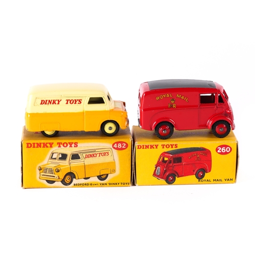 394 - 2 Dinky Toys. Royal mail Van (260). In red with black panel to roof, with red wheels. Plus a Bedford... 