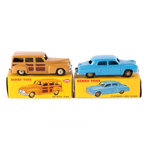 395 - 2 Dinky Toys. Studebaker Land Cruiser (172). In mid blue with tan wheels. Plus a Plymouth Estate Car... 