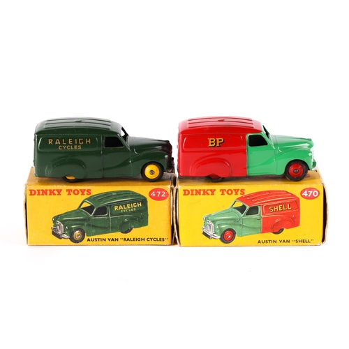 402 - 2 Dinky Toys Austin Van. SHELL-BP (470) in red and light green, with red wheels. Raleigh Cycles (472... 