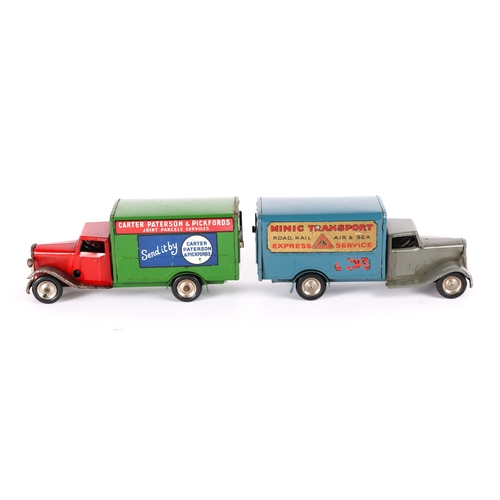 420 - 2 Tri-ang Minic Delivery Vans. A Post War Transport Van 21M. Dark grey cab, mudguards, bumper and ra... 