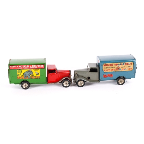 420 - 2 Tri-ang Minic Delivery Vans. A Post War Transport Van 21M. Dark grey cab, mudguards, bumper and ra... 