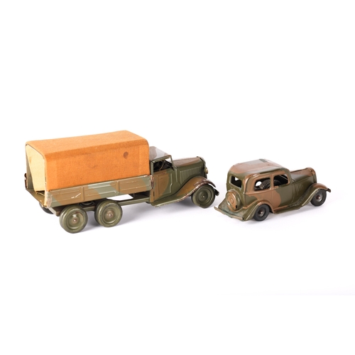 421 - 2 scarce Tri-ang Minic Pre-War Vehicles. A Six Wheel Army Canvas Tilt Lorry 69M CF. A 6 wheeled lorr... 