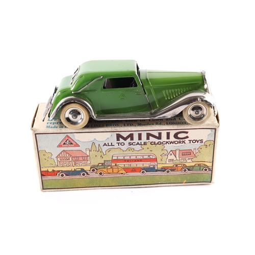 425 - A Tri-ang Minic Pre-War clockwork Cabriolet 6M. An example in green with plated wheel arches/running... 