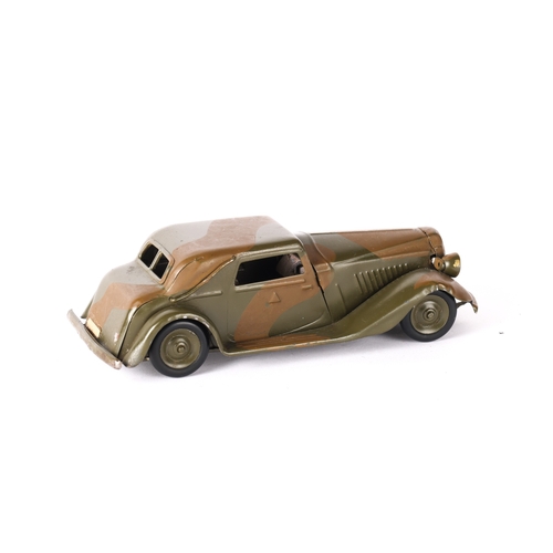 444 - A scarce Tri-ang Minic Pre-War issue Army Vauxhall Cabriolet Staff Car 19M CF. Painted in all-over c... 