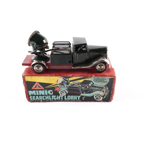 448 - A scarce 1930's Minic clockwork Searchlight Lorry 49ME. An example in dark green, with plated mudgua... 