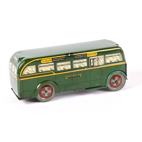 449 - A Wells-Brimtoy Tinplate  clockwork single-deck Bus. In Green Line green livery with yellow lining. ... 