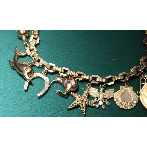 45 - A Very impressive 9ct gold hallmarked  charm bracelet with 16 charms, includes 2 shell charms with s... 