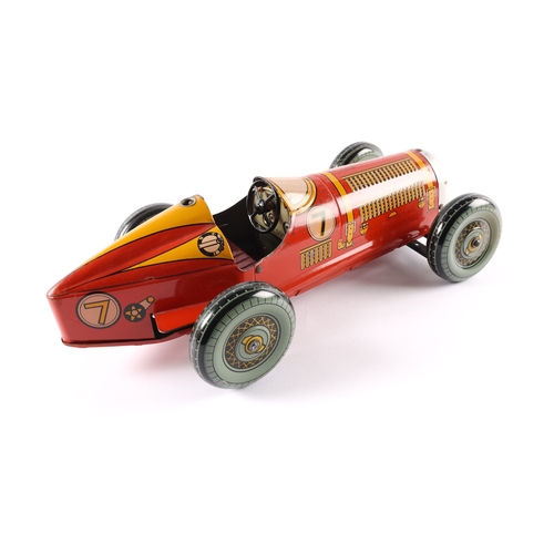 458 - An impressive clockwork tinplate Mettoy late 1940's style single seat racing car. 38cm in length, in... 