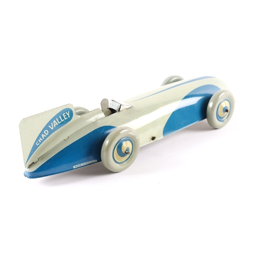 462 - A scarce  Chad Valley tinplate clockwork Streamlined Racing car, finished in light grey and blue. Wo... 