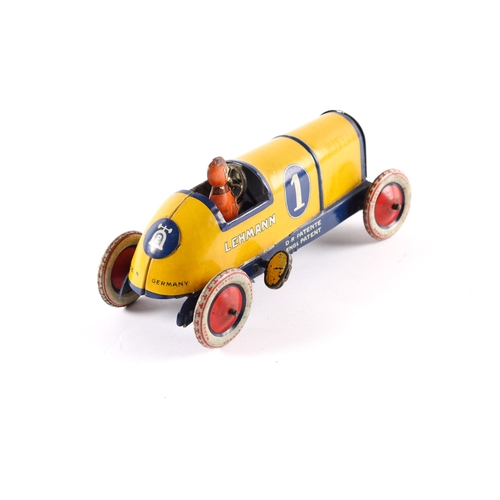 467 - A scarce Lehmann Galop No.760 mechanical litho tin toy Racing car. Yellow and blue litho, with drive... 