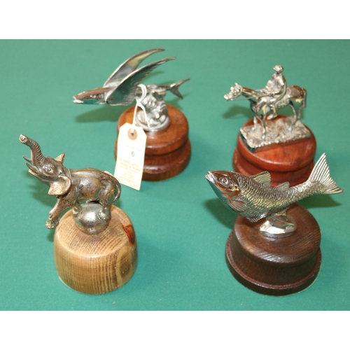 6 - 4 vintage car mascots, bonnet ornaments. Includes a DESMO racehorse with jockey, an Elephant standin... 