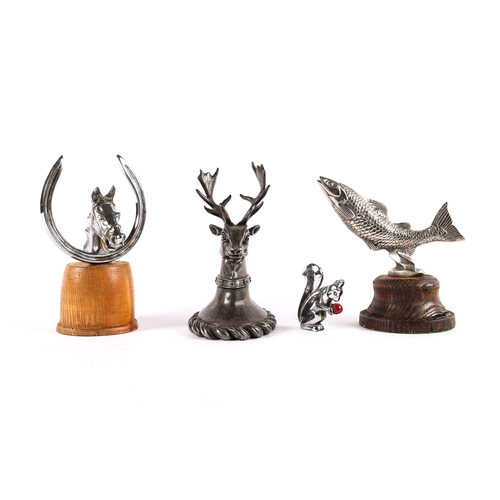 8 - 4 vintage car mascots. An impressive stags head with antlers. Plated leaping salmon. Plated horses h... 