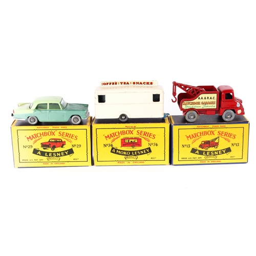 85 - 3 Matchbox Series. No.13 Thames Trader wreck Truck, in red AA&RAC Matchbox Garages livery with GPW. ... 