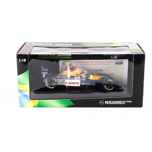 96 - A 1:18 scale Minichamps Nigel Mansell signed Williams FW14 1991 with Ayton Senna. Signed by Nigel Ma... 