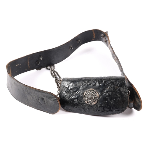 176 - A mid Victorian black patent leather shoulder belt and pouch of the Yorkshire Rifle Volunteers, belt... 