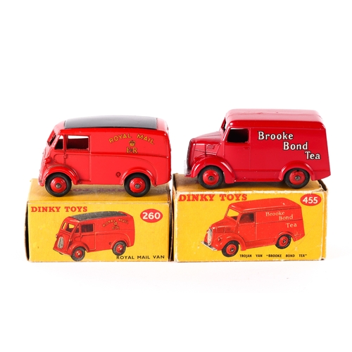 286 - 2 Dinky Toys. Royal mail Van (260) in red with black roof panel. Plus a Trojan Van (455), in red Bro... 