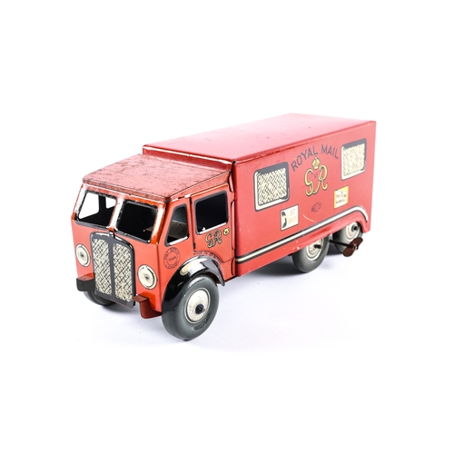 360 - A large Mettoy clockwork tinplate AEC style 3 axle 6 wheel Royal Mail Van. 25cm. In red and yellow G... 