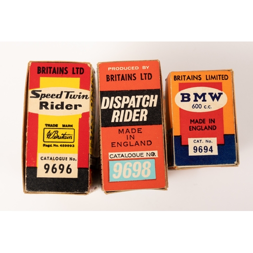 118 - 3 scarce Britains motorcycles, 9698 Dispatch rider, 9696 Speed Twin Rider, Together with 9694 B.M.W.... 