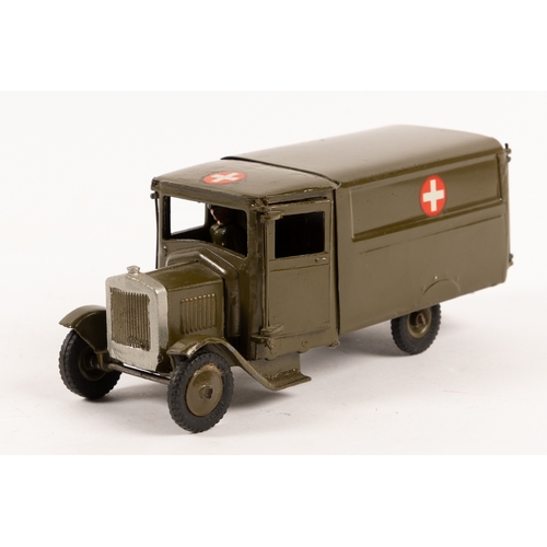 121 - A pre-war Britains Army Ambulance (1512). With driver and wounded man on stretcher, black rubber tyr... 