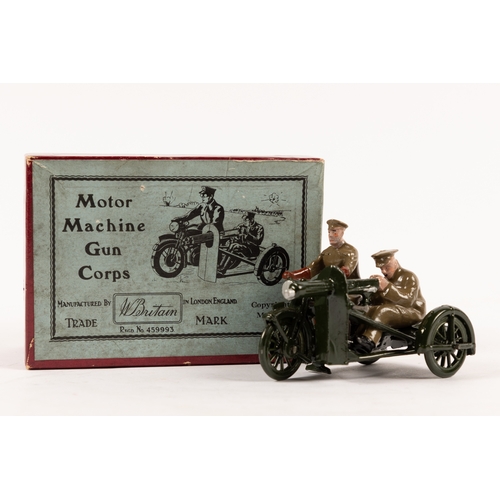 122 - A pre war Britains Motor Machine Gun Corps (1793). 2nd type motorcycle and sidecar in gloss dark gre... 