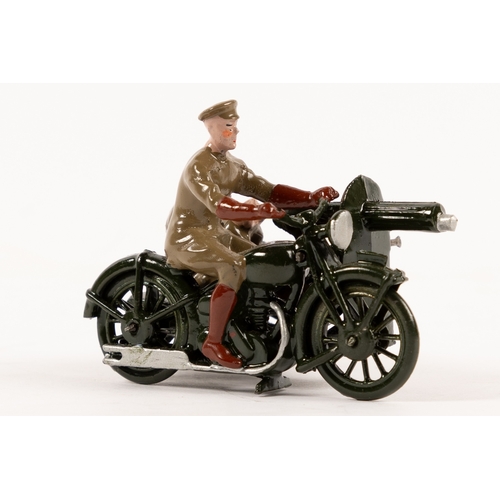 122 - A pre war Britains Motor Machine Gun Corps (1793). 2nd type motorcycle and sidecar in gloss dark gre... 