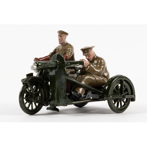 122 - A pre war Britains Motor Machine Gun Corps (1793). 2nd type motorcycle and sidecar in gloss dark gre... 