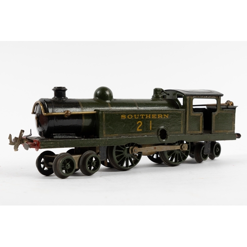 172 - Hornby O gauge No.2 Clockwork 4-4-4 tank locomotive, renumbered 21, in lined olive green Southern li... 