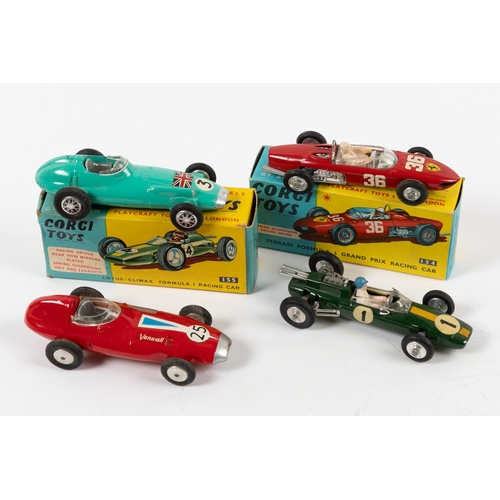 234 - 4 Corgi Toys. Ferrari Formula 1 Grand Prix Racing car (154), in red RN36. Plus a Lotus-Climax Formul... 