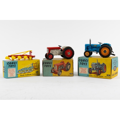 235 - 3 Corgi Toys Fordson 'Power Major' Tractor (55). In mid blue with orange wheels, black tyres. A Mass... 