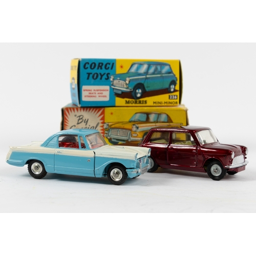 236 - 2 Corgi Toys Triumph Herald Coupe (231). An example in light blue and white with red interior. Dishe... 