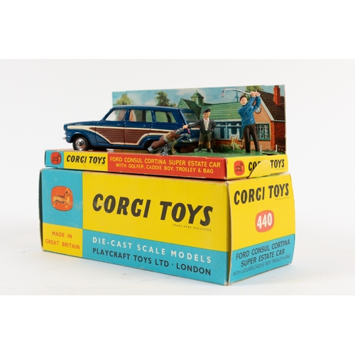 244 - Corgi Toys Ford Consul Cortina Super Estate Car with golfer, Caddie Boy, Trolley & Bag. Car in metal... 