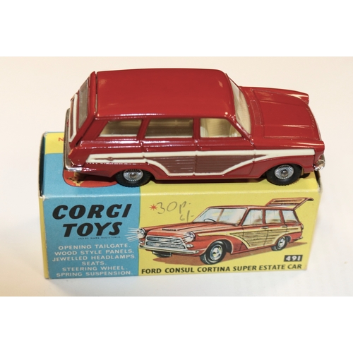 245 - Corgi Toys Ford Consul Cortina Super Estate car (491). An example in red with 'wood' effect to sides... 