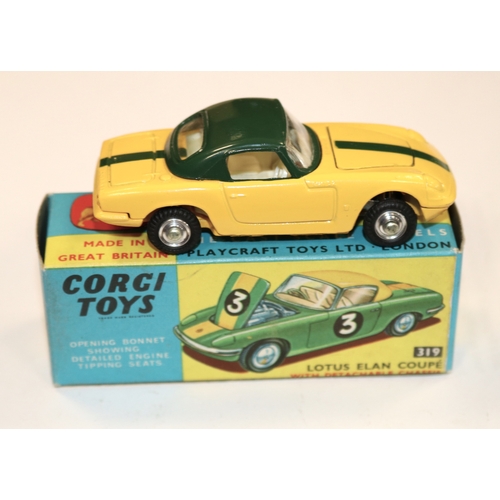 248 - Corgi Toys Lotus Elan Coupe (319). With detachable chassis, body in yellow with dark green roof and ... 