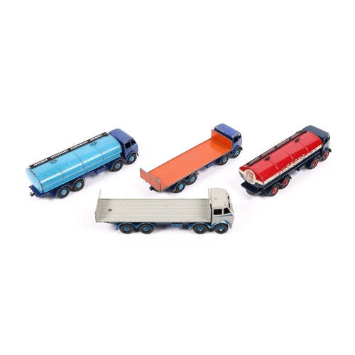 279 - 4 Dinky Fodens. 2x 14-Ton Tankers (504/942). Dark blue cab and chassis with mid blue flash, tank and... 