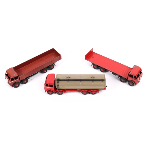 281 - 3 Dinky Toys Fodens. Foden 14-Ton Tanker (504), red cab chassis and wheels, cab with silver flash. F... 