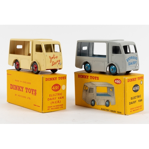 289 - 2 Dinky Toys NCB Electric Vans. 'Job's Dairy' (491) in cream and red livery, with red wheels. Plus a... 