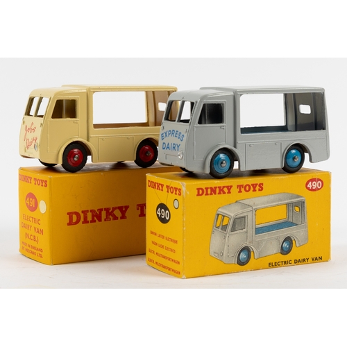 289 - 2 Dinky Toys NCB Electric Vans. 'Job's Dairy' (491) in cream and red livery, with red wheels. Plus a... 