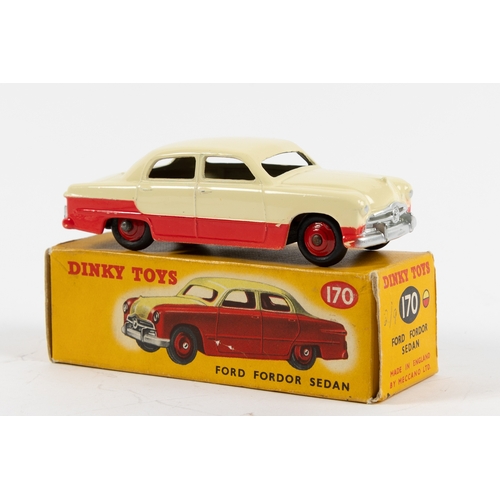 291 - Dinky Toys Ford Fordor Sedan (170). A lowline example, with red lower body and cream upper body with... 