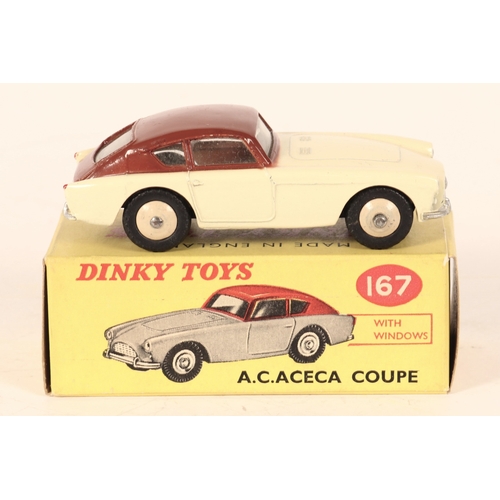 293 - Dinky Toys A.C. Aceca Coupe (167). In cream and dark brown with cream wheels. Boxed. Vehicle VGC-Min... 