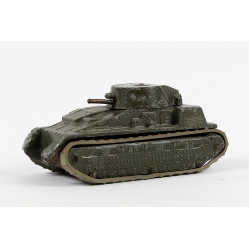 303 - Dinky Toys Pre-War 22F tank. Looks original with all 5 axels and all wheels present, (some rusting),... 