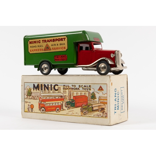 328 - A Tri-ang Minic delivery van. red cab and green rear. transfers to each side, MINIC TRANSPORT. Road ... 