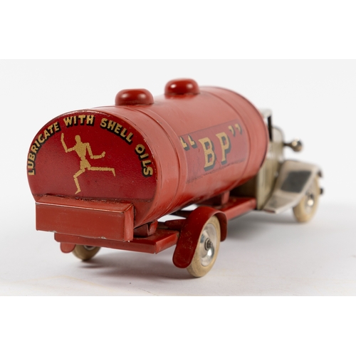 335 - Tri-ang Minic pre-war fixed B.P. & SHELL Petrol Tanker. 15M. Fawn cab with plated mudguards, Petrol ... 