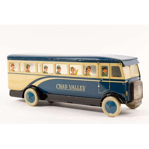 344 - A scarce Chad Valley tinplate clockwork single deck bus. (10005) An example finished in dark blue an... 