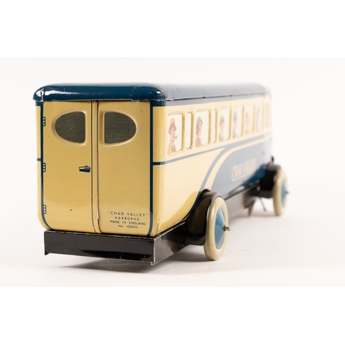 344 - A scarce Chad Valley tinplate clockwork single deck bus. (10005) An example finished in dark blue an... 