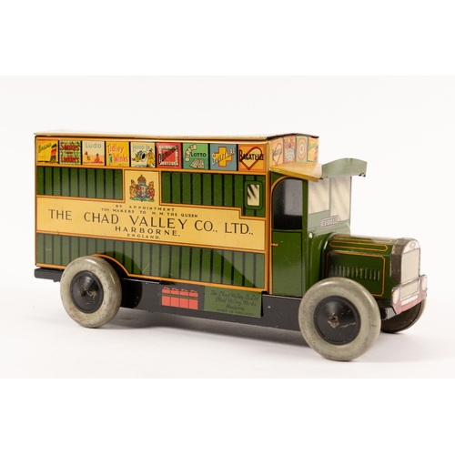 346 - A Chad Valley DENNIS tinplate clockwork box van. In the livery of The Chad Valley Co Ltd, decorated ... 