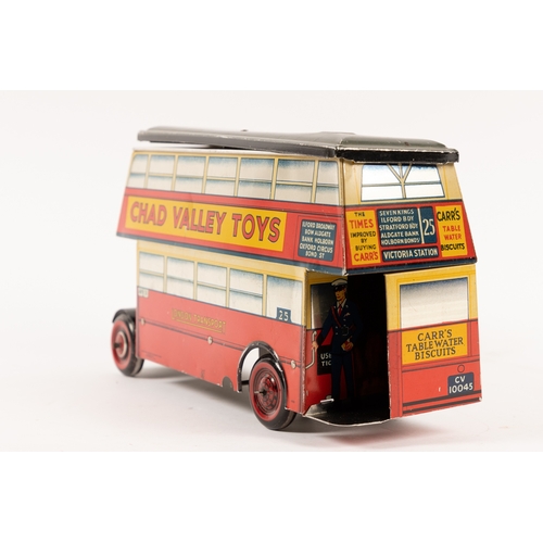 347 - A Chad Valley tinplate clockwork AEC double decker bus. In red London Transport livery, made as a bi... 