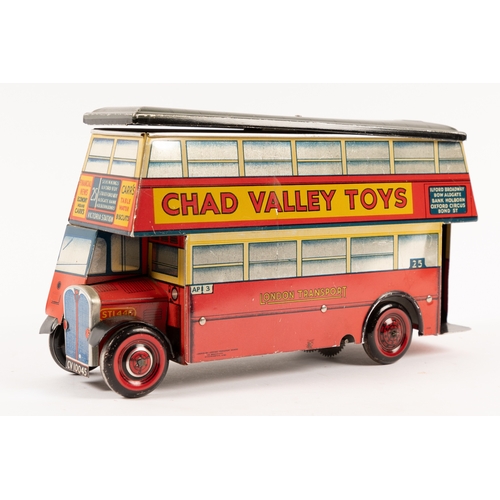 347 - A Chad Valley tinplate clockwork AEC double decker bus. In red London Transport livery, made as a bi... 