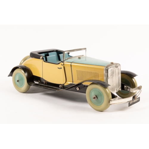 348 - A Chad Valley tinplate clockwork open topped 4 seat Ubilda Series tourer. Finished in light blue and... 