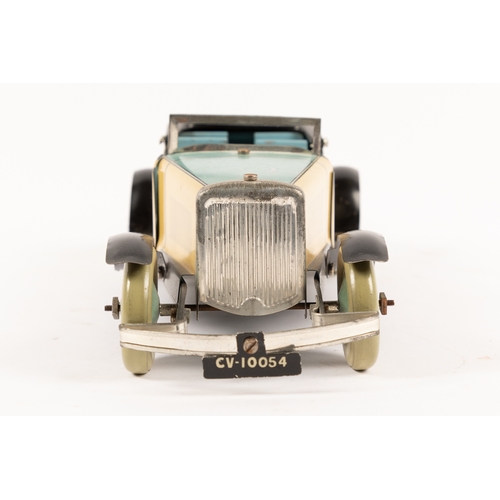 348 - A Chad Valley tinplate clockwork open topped 4 seat Ubilda Series tourer. Finished in light blue and... 