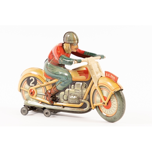 354 - A Technofix tinplate clockwork Motor Cycle. Registration No. GE255. In cream with red highlighting, ... 